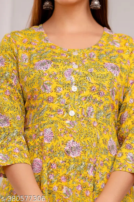 Stylish printed rayon Anarkali flared kurta, three-quarter sleeves, vibrant Indian fashion clothing on hanger