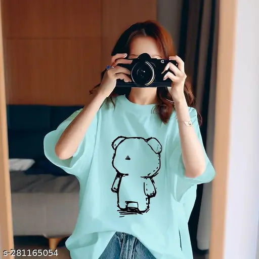 Oversized aqua cotton t-shirt with Displeased Teddy print, short sleeves, size S-XXXL
