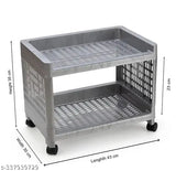 Grey plastic 2-layer kitchen and office storage organizer rack with wheels, ideal for home or office use