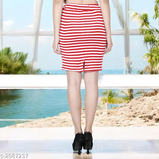 Red striped cotton-blend A-line mini skirt for women's casual, regular, daily or party wear