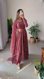 Women's printed Georgette Anarkali Kurta with attached dupatta - Indian women's outfit featuring a long-sleeved, printed dress and matching dupatta, available in S, M, L, XL, XXL sizes (S: 36in/52in/34in/14in; M: 38in/52in/36in/15in; L: 40in/52in/38in/16in; XL: 42in/52in/40in/17in; XXL: 44in/52in/42in/18in)