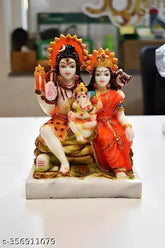 Marble Shiva Parvati Ganesha idol for Sawan Puja. Handcrafted 6-inch Adi Shankara sculpture, ideal for home temple, car dashboard, office table decor