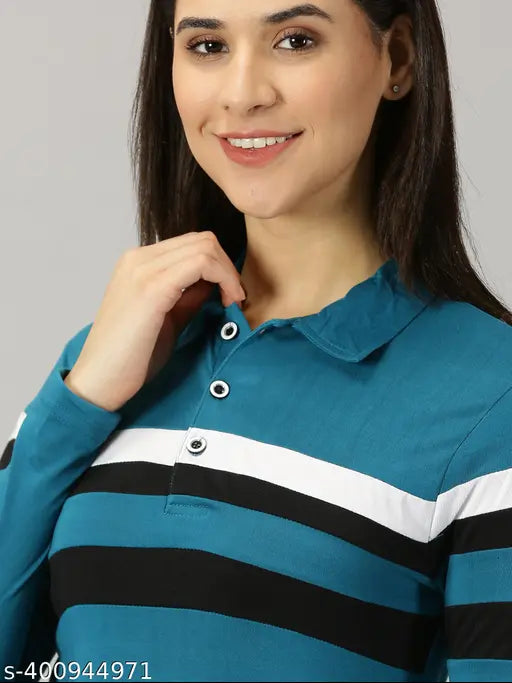 Teal cotton blend striped full sleeve polo t-shirt for women, casual and fashionable, ideal for everyday wear, made in India