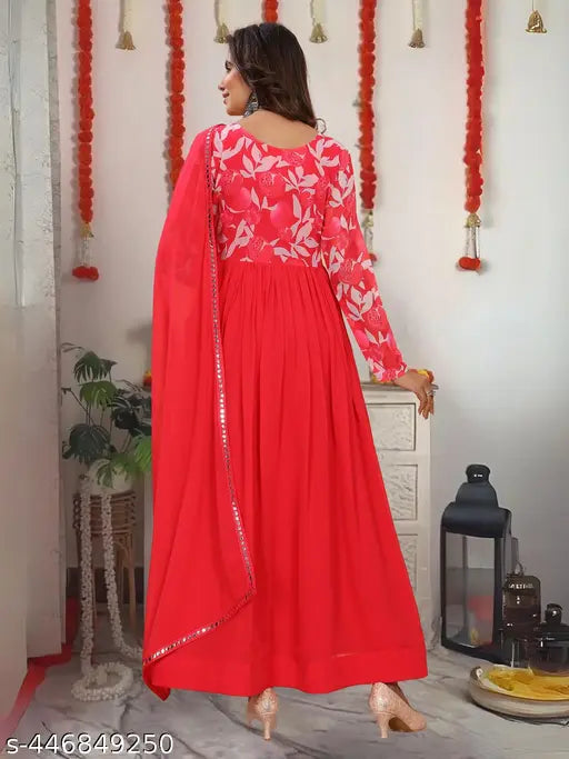 Red Georgette Anarkali Kurta with Floral Print, lightweight Georgette dupatta - Elegant festive wear for women