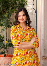 yellow rayon kurti plajo set with printed net palazzos, vibrant and stylish Indian fashion for women