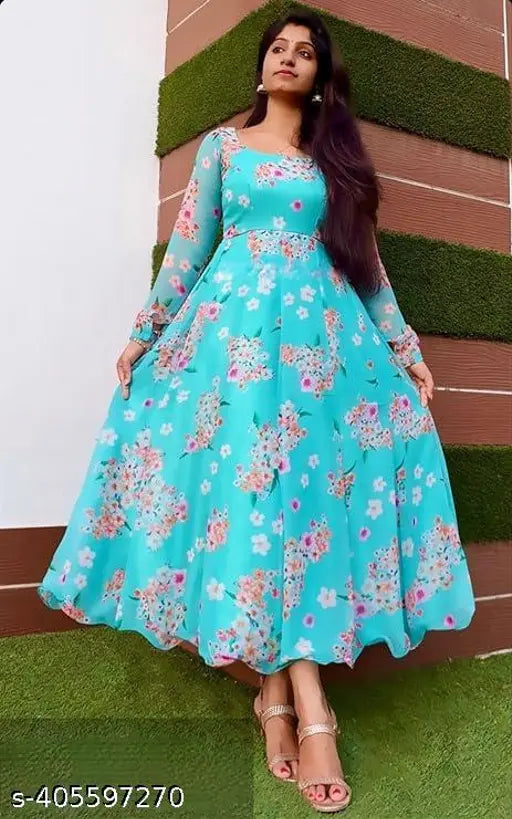 Aqua Blue Georgette Kurti, three-quarter sleeves, printed combo. Women's cotton kurti set from India." (106 characters)