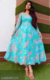 Aqua Blue Georgette Kurti, three-quarter sleeves, printed combo. Women's cotton kurti set from India." (106 characters)