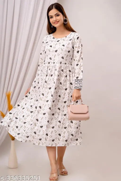 White rayon Anarkali kurti, long sleeves, printed combo, casual wear