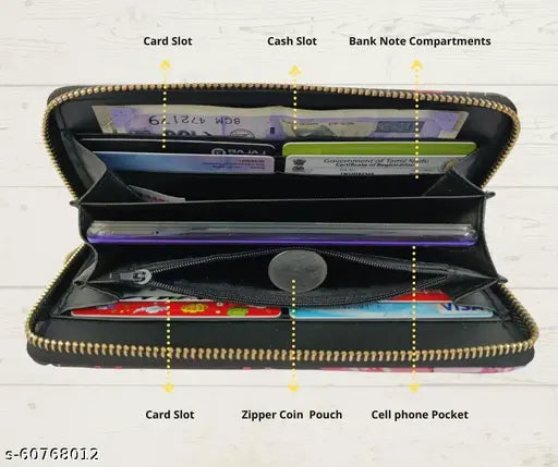 Synthetic printed girls clutch purse, free size (10x5in), luxury faux leather design with 8 slots, ID window, zipper pocket, 3 main compartments. Trendy women's handbag for modern fashion