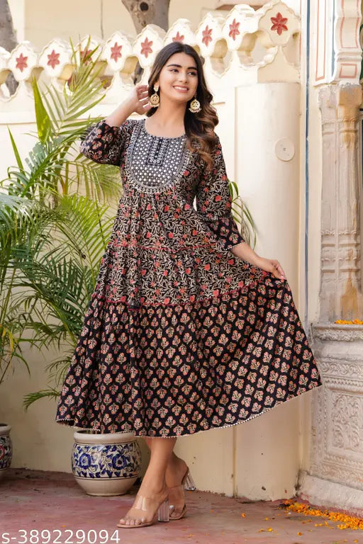 Printed colorful rayon Anarkali, vibrant combo three-quarter sleeves Indian fashion on mannequin