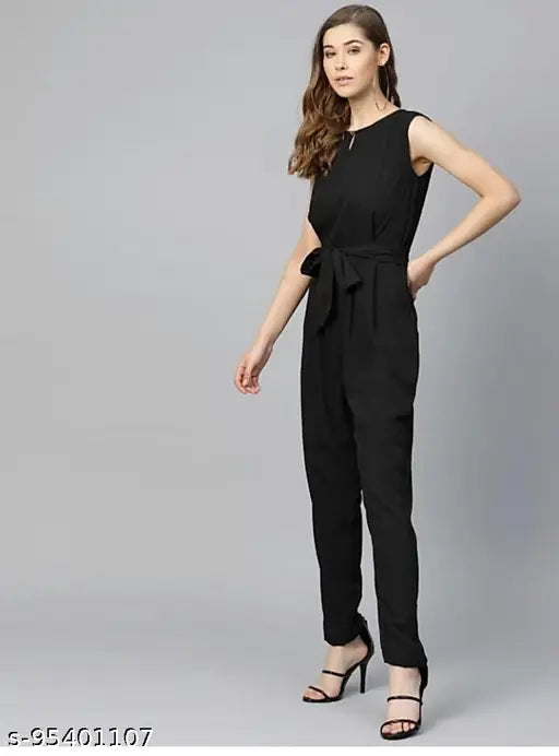 Black sleeveless jumpsuit for women, black on mannequin with slim fit, size XS-XXXL, Made in India