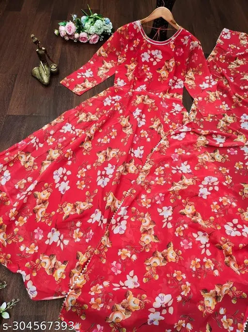 Red faux georgette long kurta with dupatta for women, printed combo heavy fabric, three-quarter sleeves. Size S: Bust 36in, Length 52in, Waist 32in, Hip 38in, Shoulder 14-15in