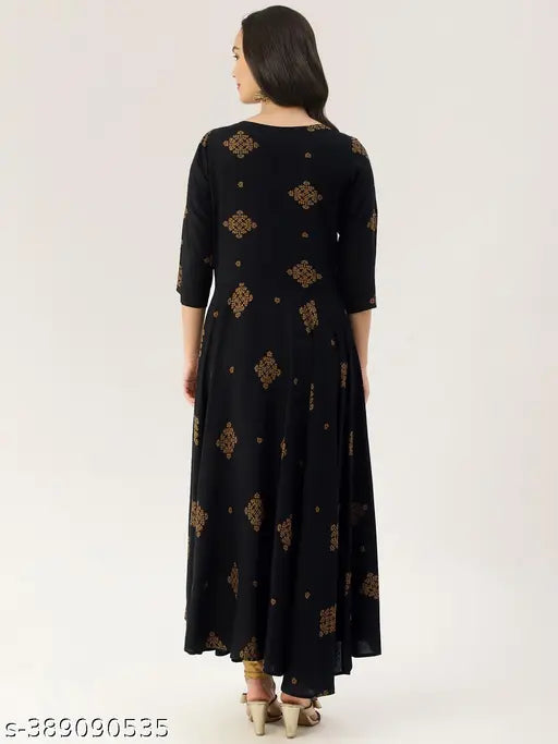 Women's printed viscose rayon flared kurta, three-quarter sleeves, Indian ethnic wear for women