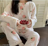 Warm women's woolen night suit featuring Disney and cartoon prints, perfect for winter nights