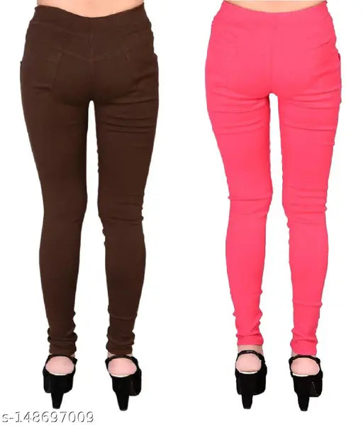 Stretchable Lycra jeggings (2 pack), solid net Elastane cotton trousers for women - made in India, featuring pockets and a comfortable fit