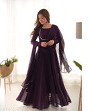 Georgette Anarkali gown set in purple, featuring full dupatta and matching kurti. Traditional yet modern festival wear trending anarkali wedding gown