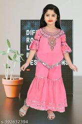 Pink cotton blend sharara set for girls, embellished anarkali style kurta with sharara bottom, ideal for ages 4-12 years, Indian ethnic fashion
