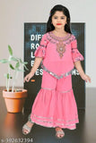 Pink cotton blend sharara set for girls, embellished anarkali style kurta with sharara bottom, ideal for ages 4-12 years, Indian ethnic fashion