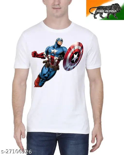 Urbane polyester men's printed short-sleeve t-shirt with Captain America design, India origin