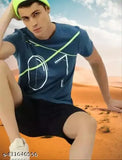 Navy blue cotton blend First crush men's casual wear t-shirt with short sleeves and printed design, perfect for regular fit style