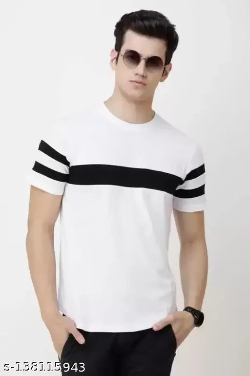 White/Black striped men's round neck cotton blend T-shirt. Premium quality, short sleeves, unique colorblock design. Made in India