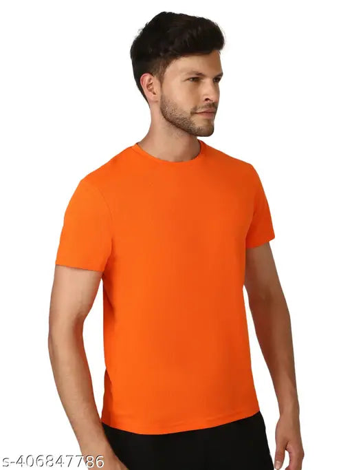 Mens orange polyester half sleeve t-shirt, short sleeves, regular fit for casual party wear