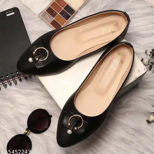 Black synthetic leather flat pearl bellybellyy women's ballerinas partywear, slip-on design, size chart included for perfect fit