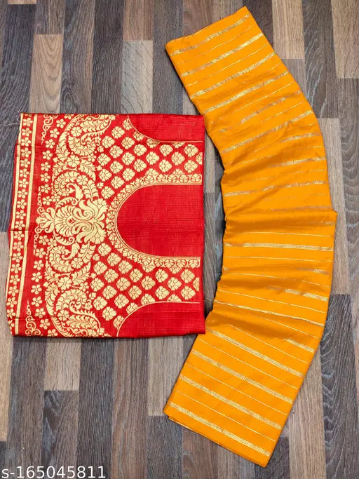 Art Silk saree with gold stripe and running blouse, new collection from India (Free Size: Saree length 5.5m, Blouse length 0.8m)