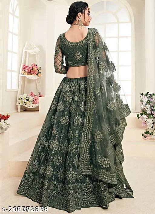 Embroidered net lehenga choli and dupatta for Indian wedding wear, intricate designs, semi-stitched size 44/42/2.2