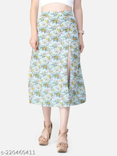 Sheero blue printed front slit skirt, georgette fabric, lined, size 26-34, Indian fashion