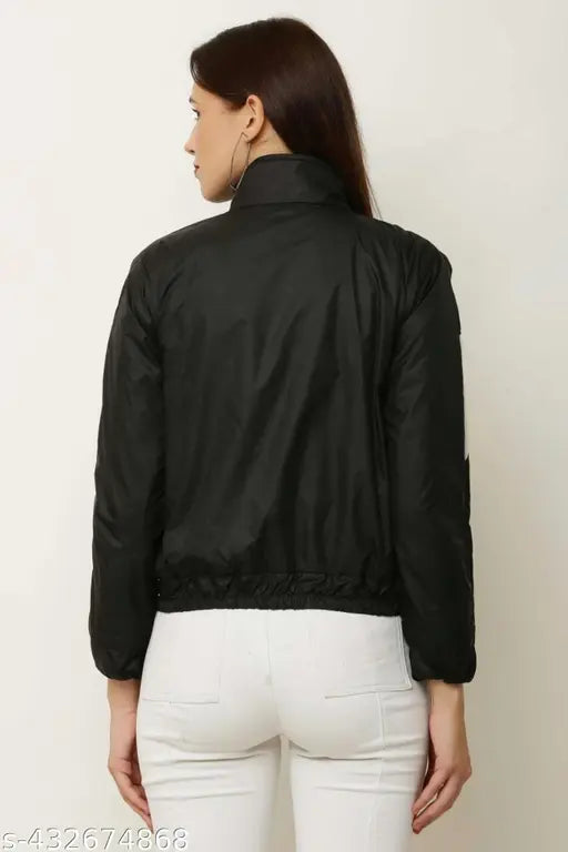 Black colorblocked polyester zipper jacket, trendy cool women's jacket with long sleeves on hanger
