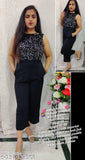 Black lycra sleeveless woven design net Sequence Shining jump suit for women, elegant trendy fashionable outfit on hanger