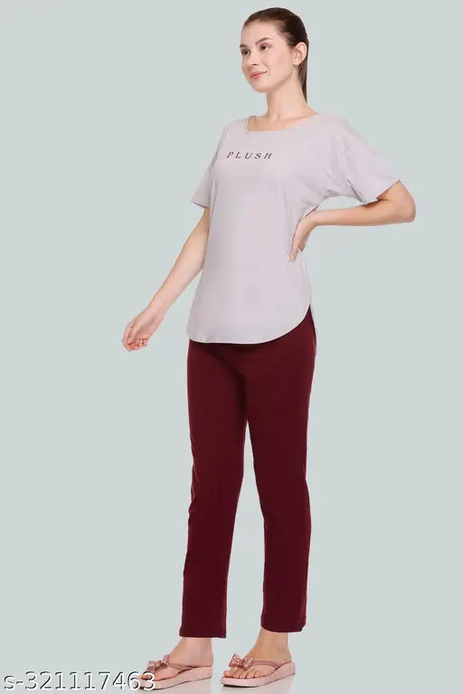 Cotton blend women's top & pyjama set with crop t-shirt and ankle length pants, printed net pattern, size S-XXL