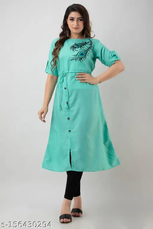 Designer Slub Cotton Printed Half-Sleeve Anarkali Kurti for Women & Girls, ideal for casual or party wear. Short sleeves, available in sizes S to XXL
