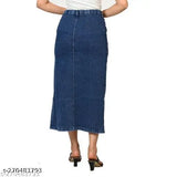 High waist long denim skirt, dyed/washed, versatile wardrobe staple for work or play