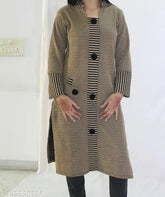 Beige wool V-neck kurti/kurta with self-design knitted pattern for women, long sleeves, M (38in bust). Indian made