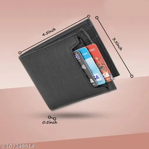 Black artificial leather men's wallet with textured body, 7 card slots, additional ID pocket - perfect for travel or evening party formal wear