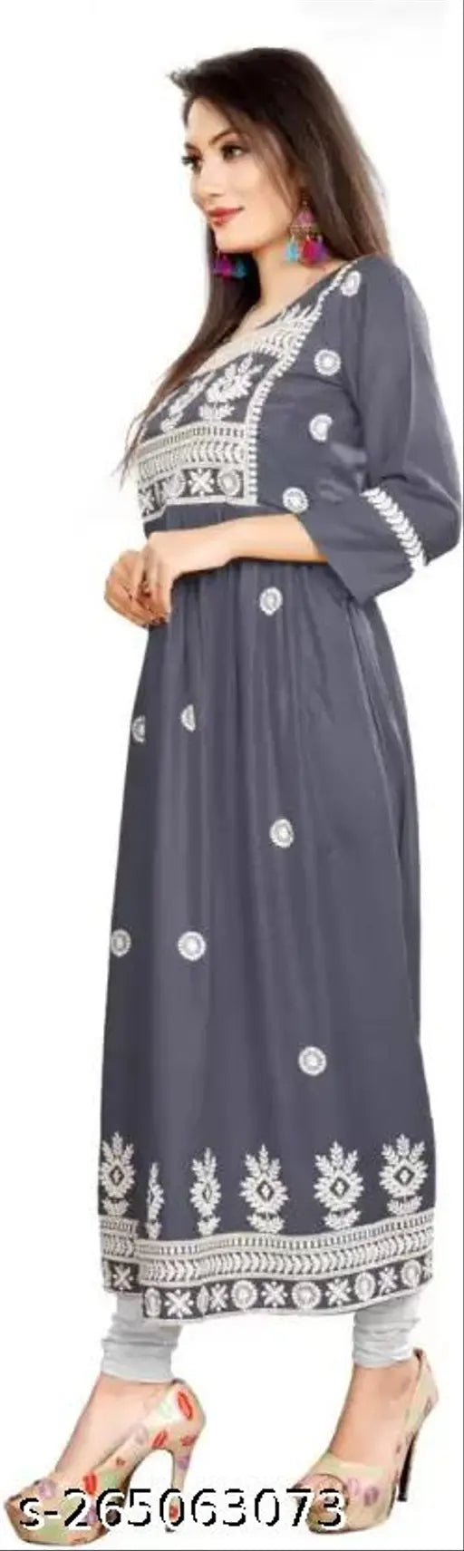 Rayon slub embroidered kurta with three-quarter sleeves, Indian women's fashion for sizes S to XXXL