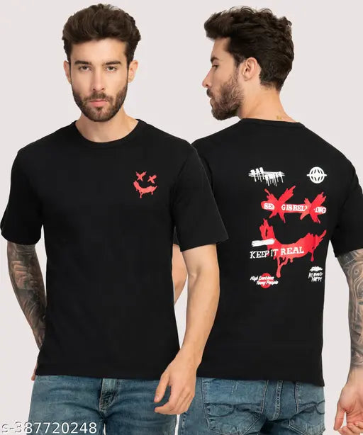 Black cotton blend round neck T-shirt, printed typography design by Stylogue for men's casual wear
