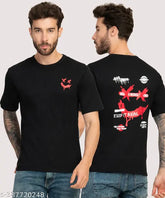 Black cotton blend round neck T-shirt, stylish printed typography by Stylogue men's wear