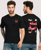 Black cotton blend round neck T-shirt, printed typography design by Stylogue for men's casual wear