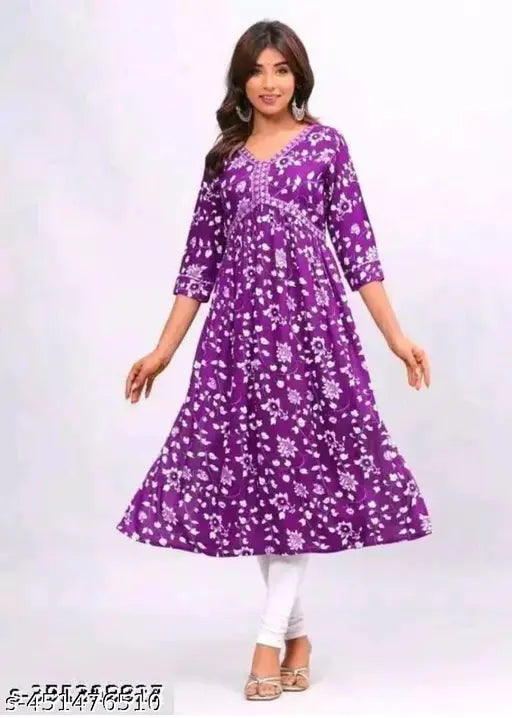 Rayon Naira Cut Stylish Kurti with three-quarter sleeves and printed combo, fashionable Indian women's clothing for M, L, XL, XXL sizes (38in, 40in, 42in, 44in bust, 48in size length)