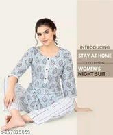 Printed rayon pyjama set with three-quarter sleeves, fashion night suit on hanger, India origin