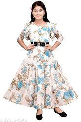 Blue floral printed cotton blend ethnic gown for girls under 429, three-quarter sleeves, casual dress on model