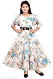 Blue floral printed cotton blend ethnic gown for girls under 429, three-quarter sleeves, casual dress on model