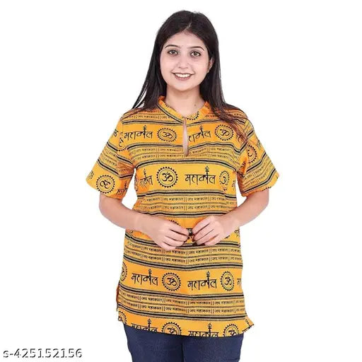 Yellow striped cotton men's & women's Mahakaal printed shirt, short sleeves, XL & XXL sizes