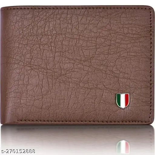 Brown artificial leather men's wallet with 3 card slots, textured pattern, and bi-fold closure. Compact size for travel or everyday use, featuring solid body, hidden pockets, cash compartments, and coin pocket. Ideal gift accessory for a man