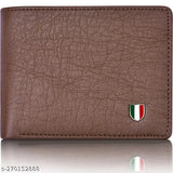 Brown artificial leather men's wallet with 3 card slots, textured pattern, and bi-fold closure. Compact size for travel or everyday use, featuring solid body, hidden pockets, cash compartments, and coin pocket. Ideal gift accessory for a man