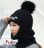 Black textured woolen faux fur pompom cap with face mask - PinKit Fancy Women's & Girls Winter Warm (Pack of 1)