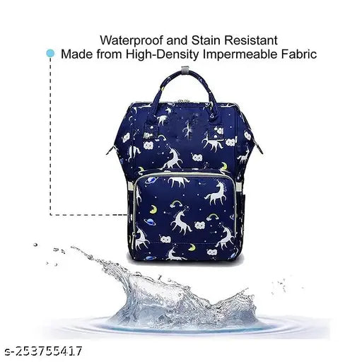 Blue polyester diaper backpack for maternity, waterproof and unicorn-themed with multiple compartments and adjustable strap